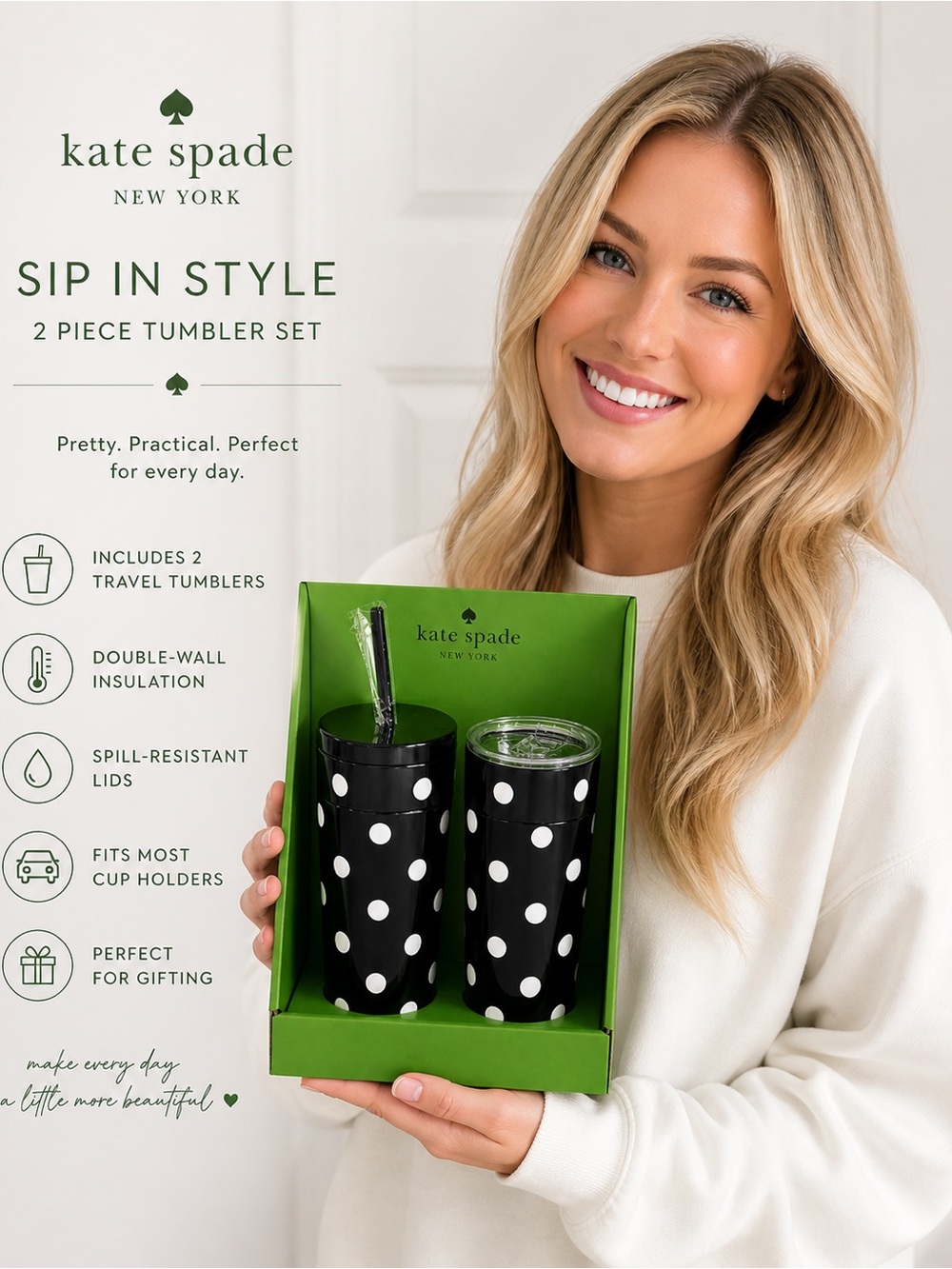 Kate Spade Black and White Polka Dot Tumbler W/ Straw & Thermal Mug Set